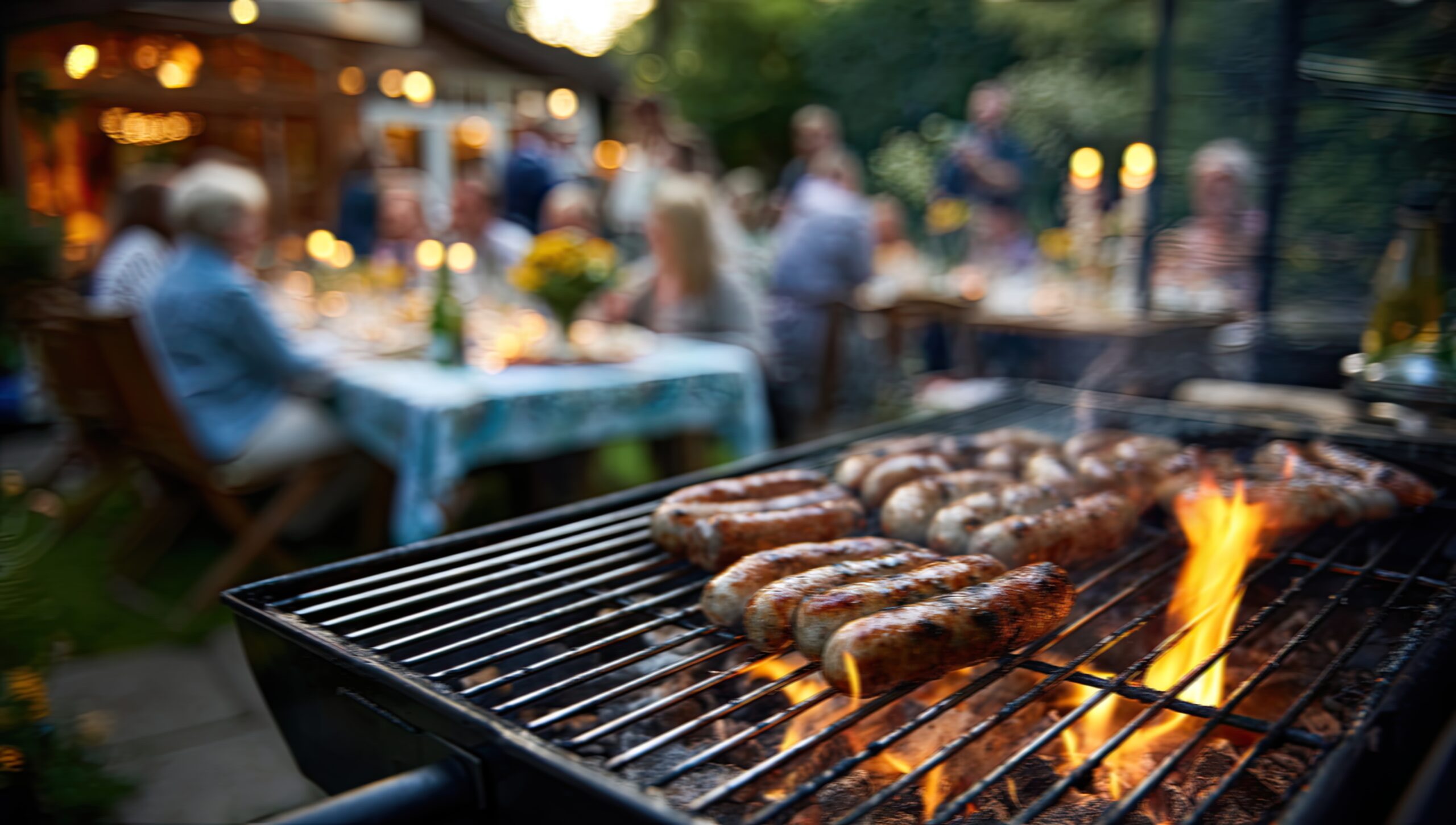 Worstjes op barbecue tijdens zomerse tuinbijeenkomst