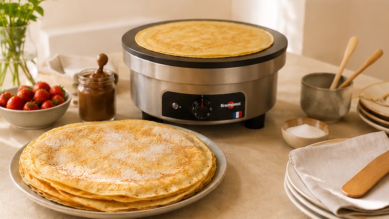 Elektrische crêpemaker met stapel verse pannenkoeken