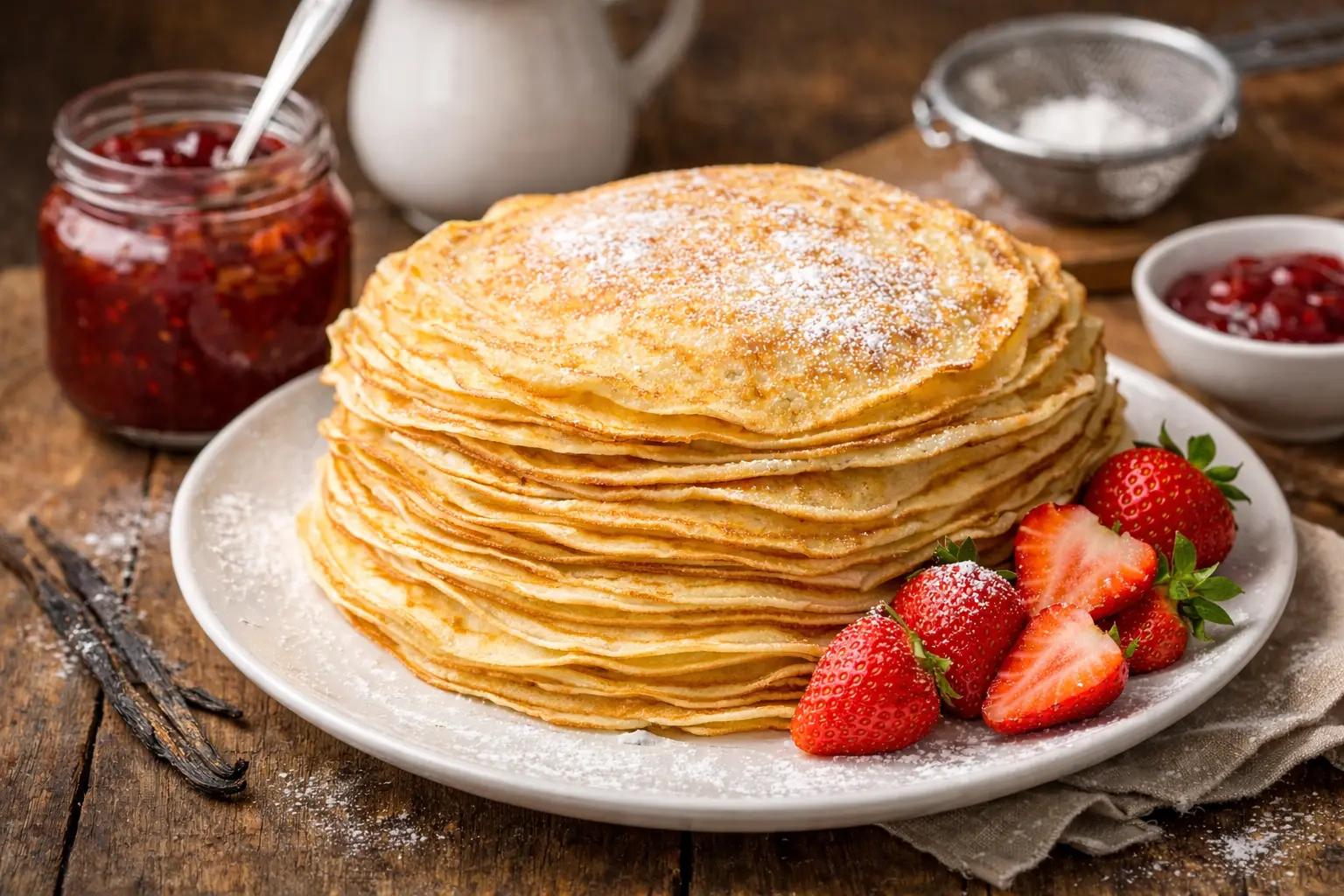 Snackhelden_Logo_Profielfoto Stapel crêpes met aardbeien, poedersuiker en jam